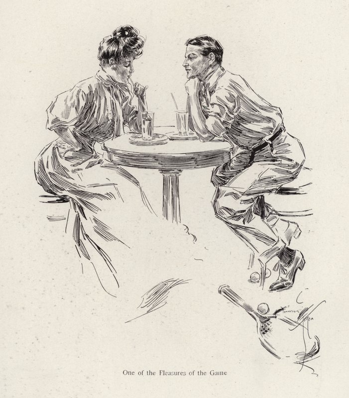 Casal tomando uma bebida depois de um jogo de tênis (cor litho) de Harrison Fisher