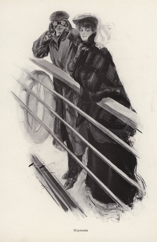 Homem e mulher olhando por cima dos corrimões de um navio (litho) de Harrison Fisher
