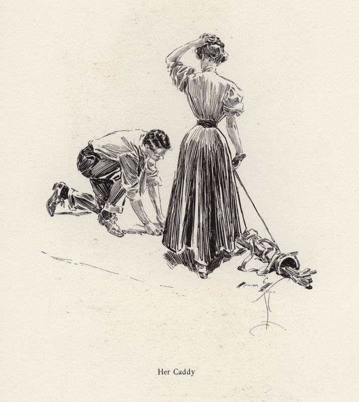Homem a fazer caddying para uma mulher no campo de golfe (litho) de Harrison Fisher