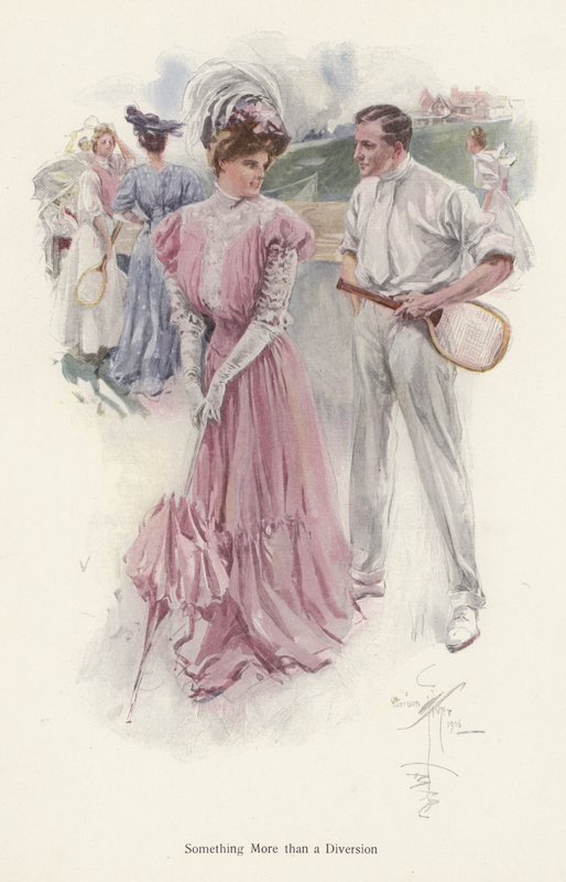 Homem interrompe o seu jogo de ténis para falar com uma jovem mulher (cor litho) de Harrison Fisher