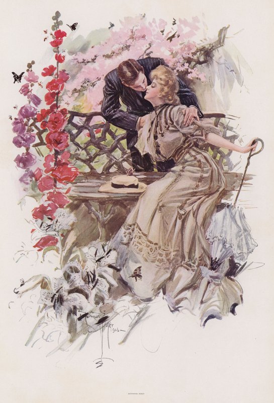 Homem beijando uma mulher em um jardim (cor litho) de Harrison Fisher