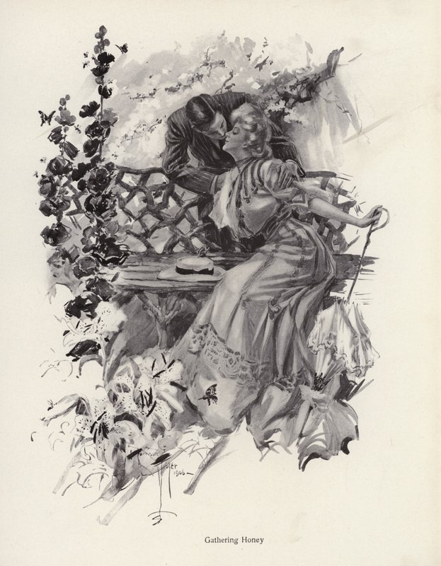 Homem beijando uma mulher em um jardim (litho) de Harrison Fisher