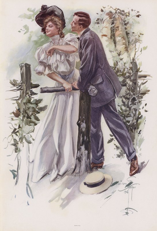 Homem tentando roubar um beijo de uma jovem mulher (cor litho) de Harrison Fisher