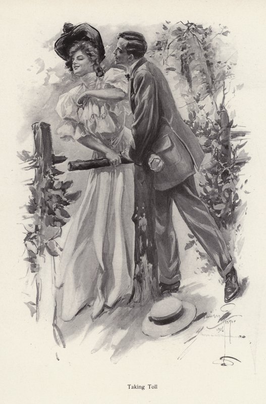 Homem tentando roubar um beijo de uma jovem mulher (litho) de Harrison Fisher