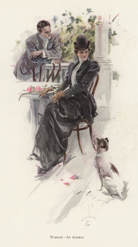 Homem espera por uma resposta de uma jovem mulher (cor litho) de Harrison Fisher