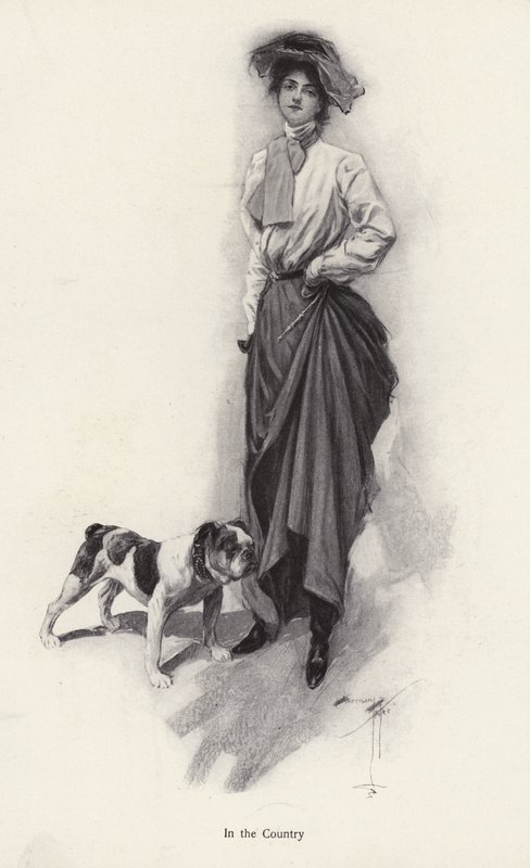 Retrato de uma mulher vestida para o campo com o seu bulldog (litho) de Harrison Fisher