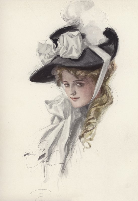 Retrato de uma mulher com um chapéu extravagante (cor litho) de Harrison Fisher