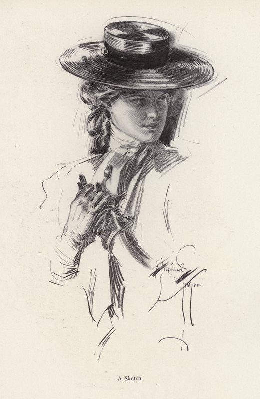 Retrato de uma mulher de chapéu (litho) de Harrison Fisher