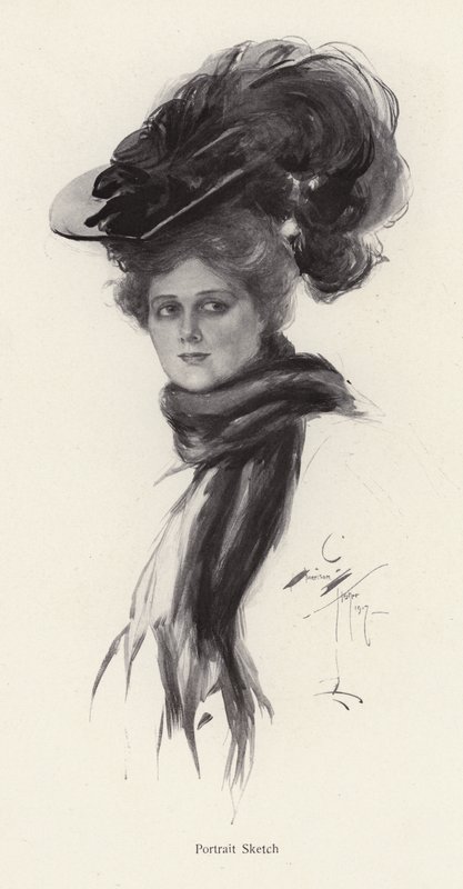 Retrato de uma mulher com um grande chapéu (litho) de Harrison Fisher