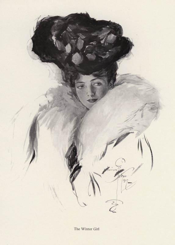 Retrato de uma jovem mulher de chapéu e casaco de pele (litho) de Harrison Fisher