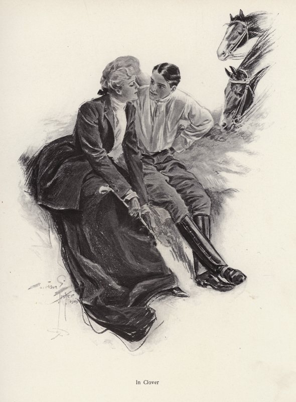 Casal romântico fazendo uma pausa durante um passeio a cavalo (litho) de Harrison Fisher