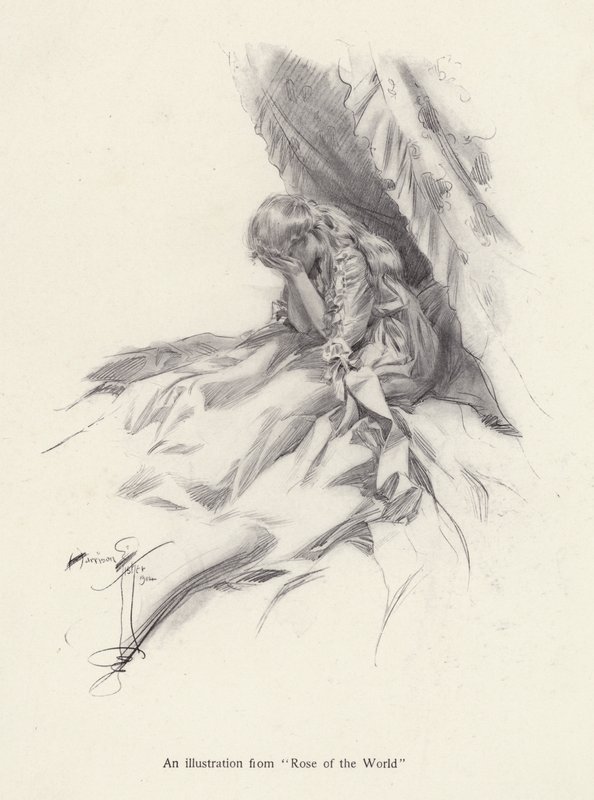 Rosamond English, uma personagem de Rose of the World, um romance de Egerton Castle (litho) de Harrison Fisher