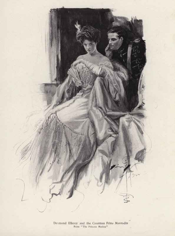 Duas personagens, Desmond Ellery e a Condessa Frina Mavrodin do romance A Princesa Moritza, de Percy Brebner (litho) de Harrison Fisher