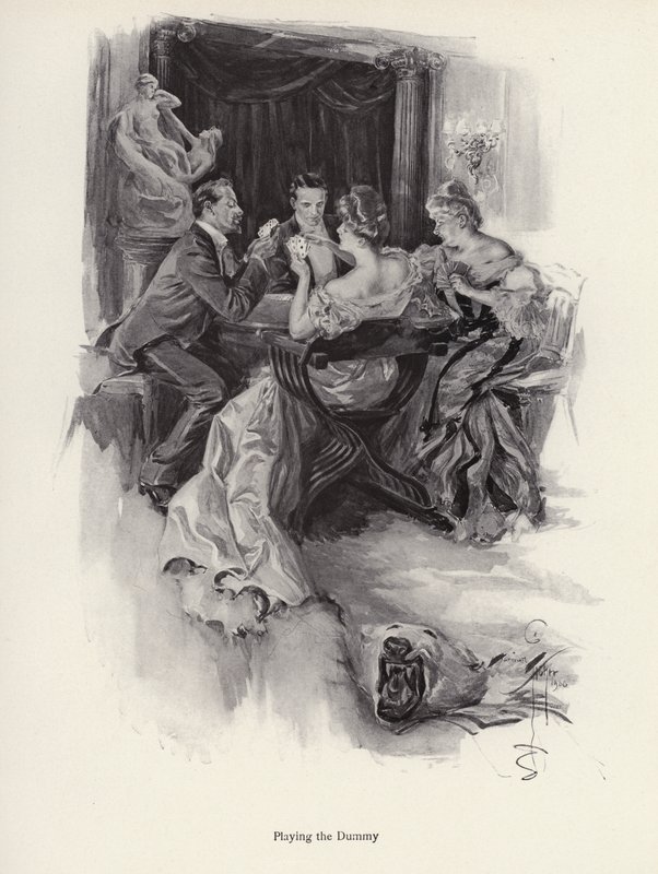 Dois casais a jogar às cartas numa festa nocturna (litho) de Harrison Fisher