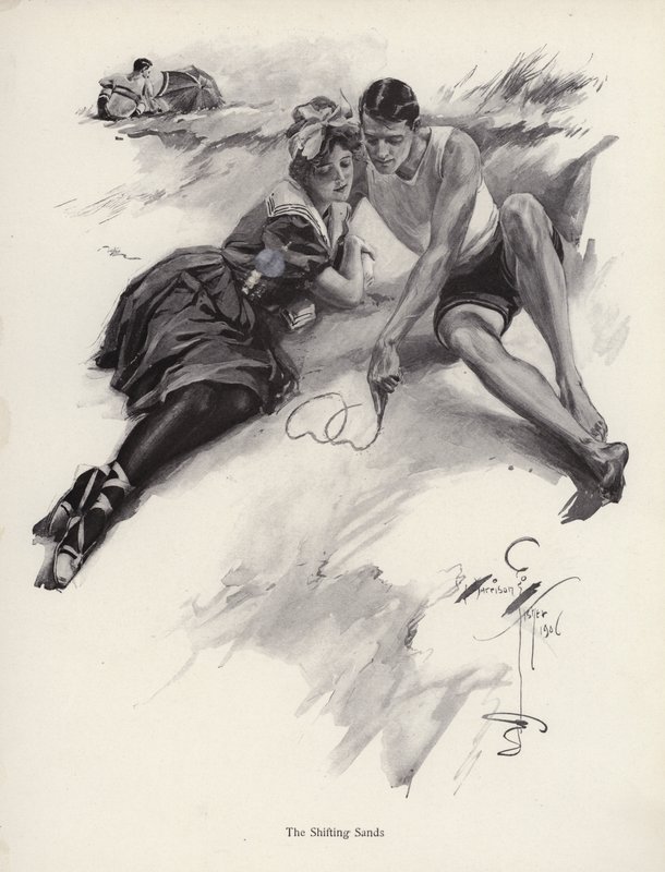 Dois amantes desenham corações na areia da praia (litho) de Harrison Fisher