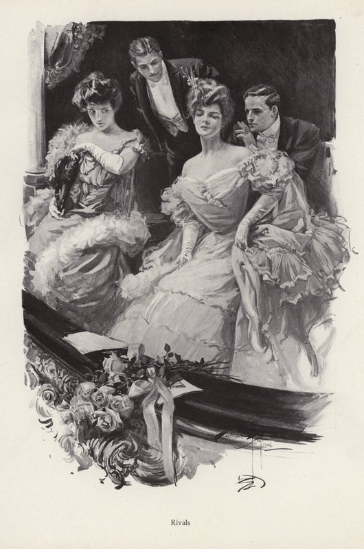 Duas mulheres em uma caixa no teatro em competição entre si para atenção masculina (litho) de Harrison Fisher