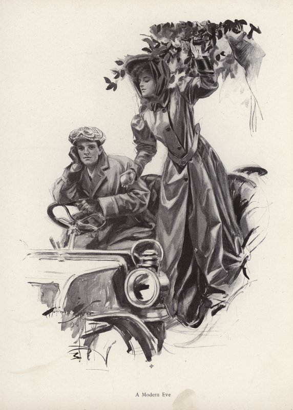 Mulher a apanhar maçãs do interior de um carro (litho) de Harrison Fisher