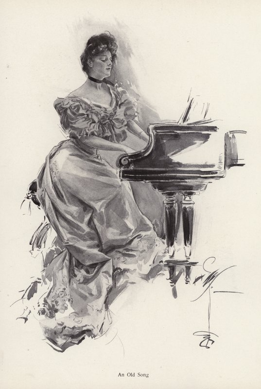 Mulher tocando uma música em um piano (litho) de Harrison Fisher