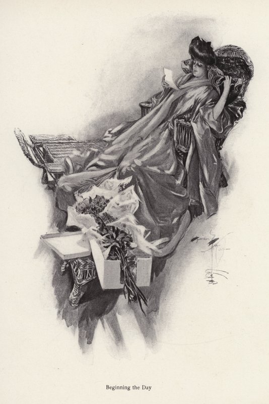 Mulher a receber um ramo de flores de um admirador (litho) de Harrison Fisher