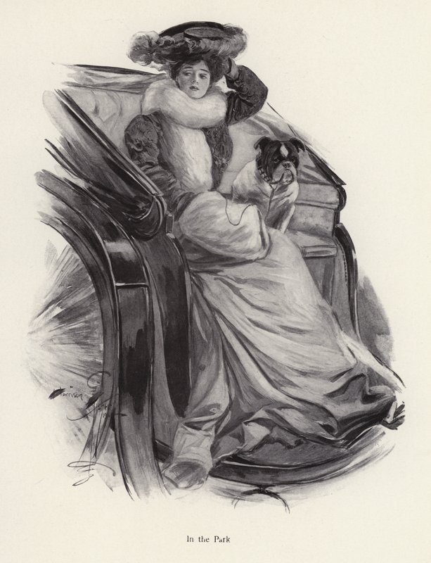 Mulher sentada em uma carruagem com seu cachorro (litho) de Harrison Fisher