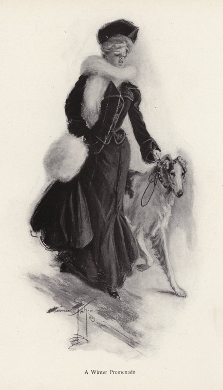 Mulher a passear o seu cão de peluche no Inverno (litho) de Harrison Fisher