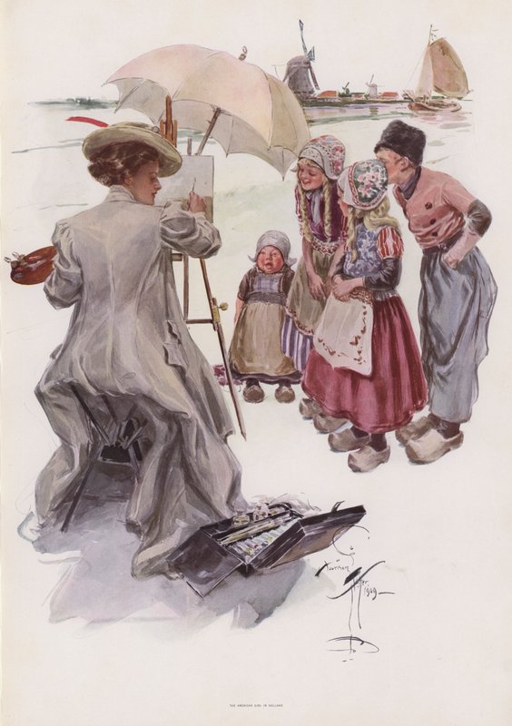 Jovem mulher americana pintando uma cena holandesa (cor litho) de Harrison Fisher