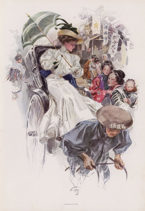 Jovem mulher americana montando num riquixá japonês (cor litho) de Harrison Fisher