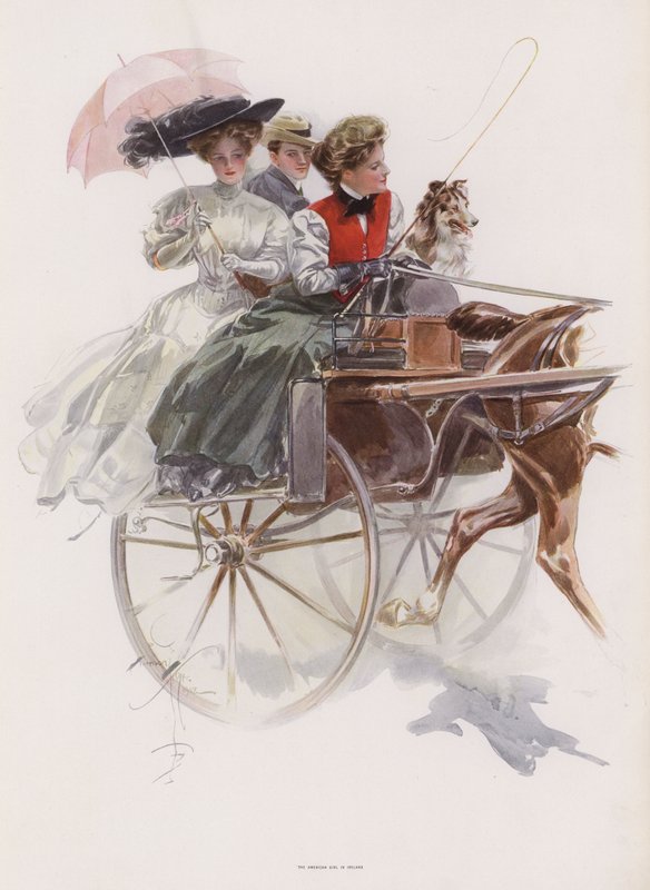 Jovem mulher americana montando em uma carruagem de cavalo ou similar na Irlanda (cor litho) de Harrison Fisher
