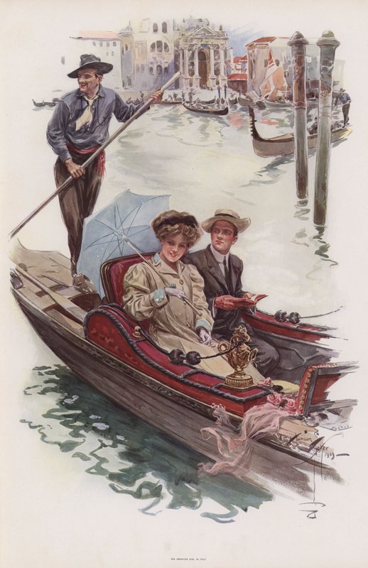 Jovem mulher americana a dar uma volta numa gôndola, Veneza (cor litho) de Harrison Fisher