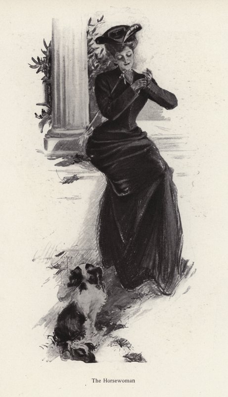 Jovem mulher e seu cachorro esperando para andar a cavalo (litho) de Harrison Fisher