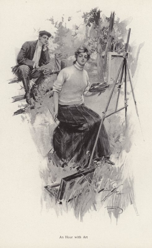 Jovem mulher artista pintando no campo enquanto um jovem homem olha (litho) de Harrison Fisher