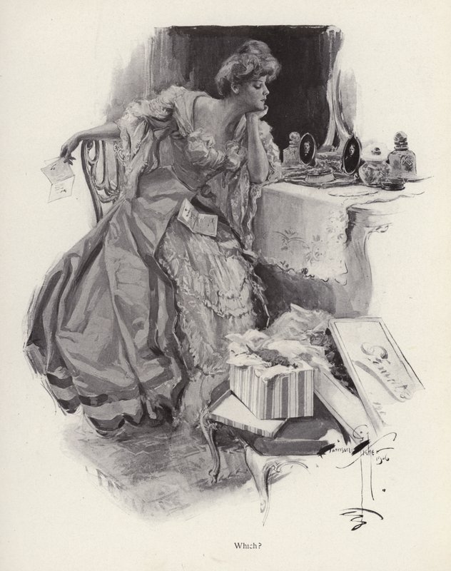 Jovem mulher a decidir entre dois pretendentes (litho) de Harrison Fisher