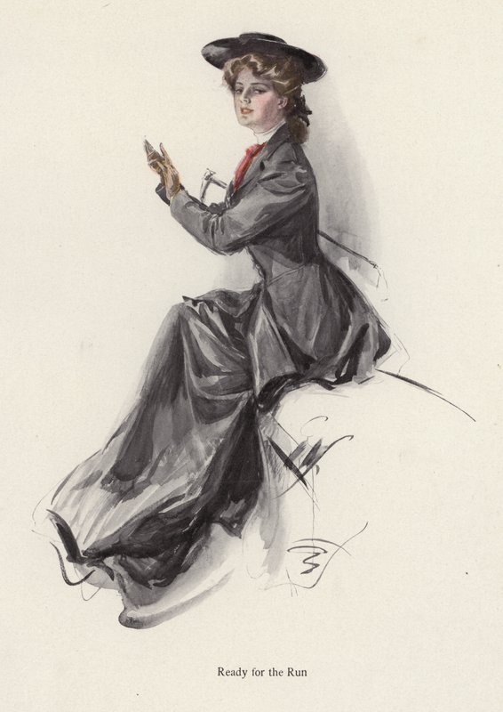 Jovem mulher preparando-se para andar a cavalo (cor litho) de Harrison Fisher