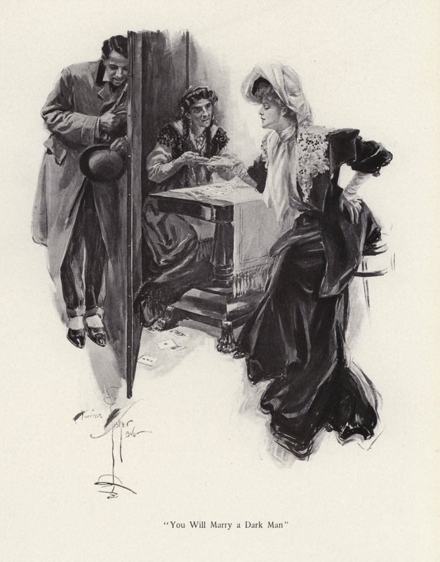 Jovem mulher tendo o seu futuro contado por uma cigana (litho) de Harrison Fisher
