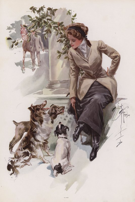 Mulher jovem com seu hábito de montar sentada com seus cães (cor litho) de Harrison Fisher