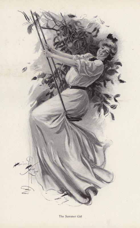 Jovem mulher num baloiço (litho) de Harrison Fisher