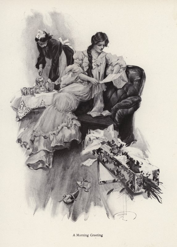 Jovem recebendo um buquê de flores e uma carta de um admirador (litho) de Harrison Fisher