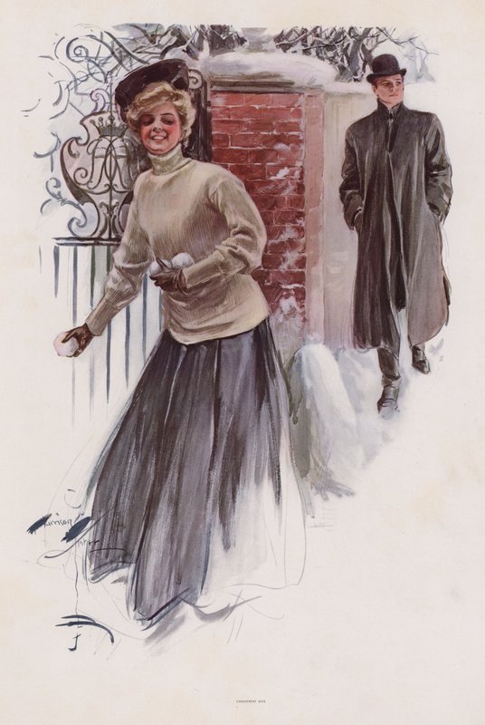 Jovem mulher à espera de atirar bolas de neve a um homem (cor litho) de Harrison Fisher