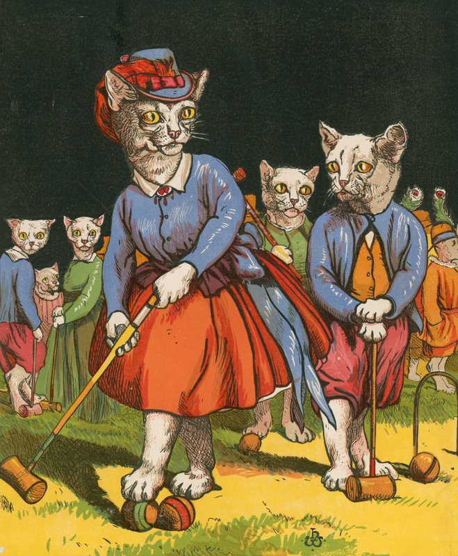 Gatos jogando croquete (cor litho) de Harrison William Weir