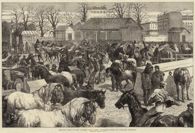 O Abastecimento de Paris, Butchers Horse Market, Boulevard d&39;Enfer e Boulevard Montrouge de Harrison William Weir