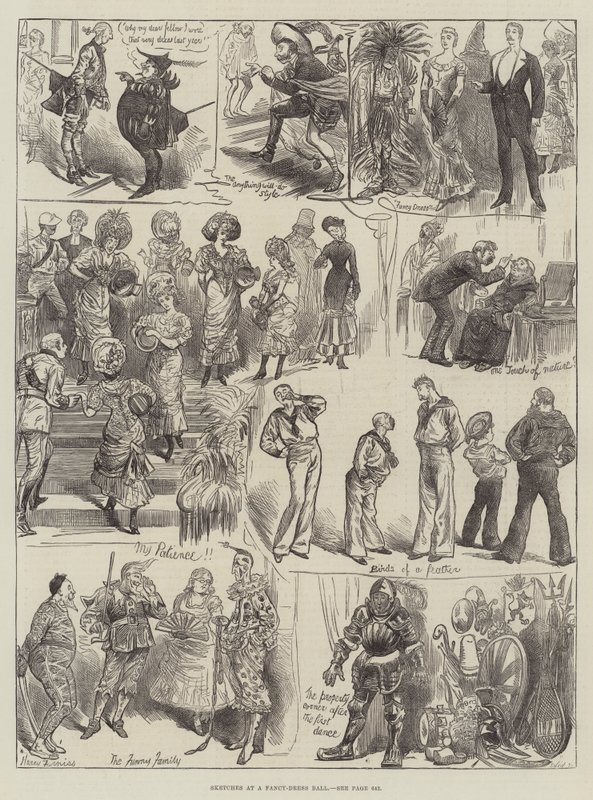 Esboços em uma bola de fantasia de Harry Furniss