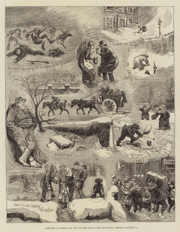 Esboços em Londres e nos subúrbios durante a tempestade de neve, terça-feira, 18 de janeiro de Harry Furniss