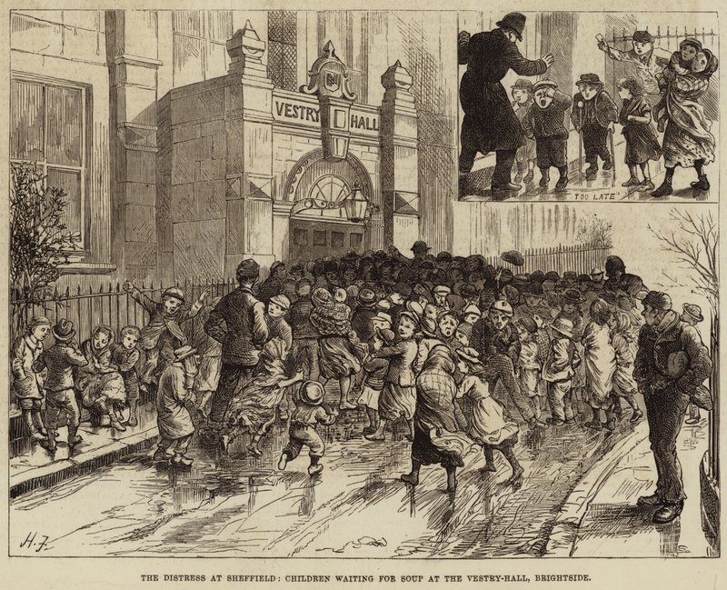 A aflição em Sheffield, crianças esperando por sopa no Vestry-Hall, Brightside de Harry Furniss