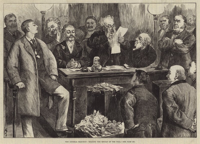 A eleição geral, lendo o resultado da votação de Harry Furniss