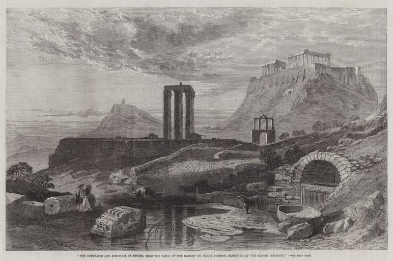 O Olimpo e a Acrópole de Atenas, dos Bancos do Ilissus, expostos na Instituição Britânica de Harry John Johnson