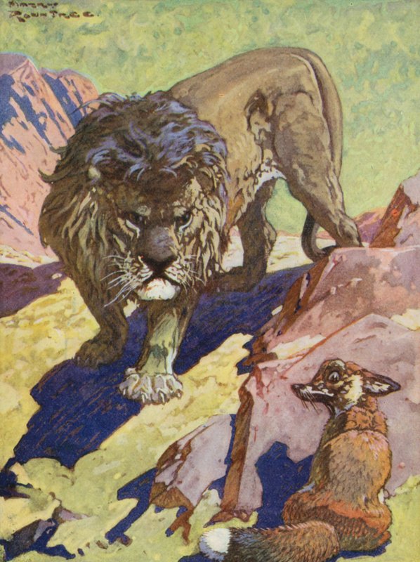 Fábulas de Esopo: A Raposa e o Leão (litografia a cores) de Harry (1878 1950) Rountree