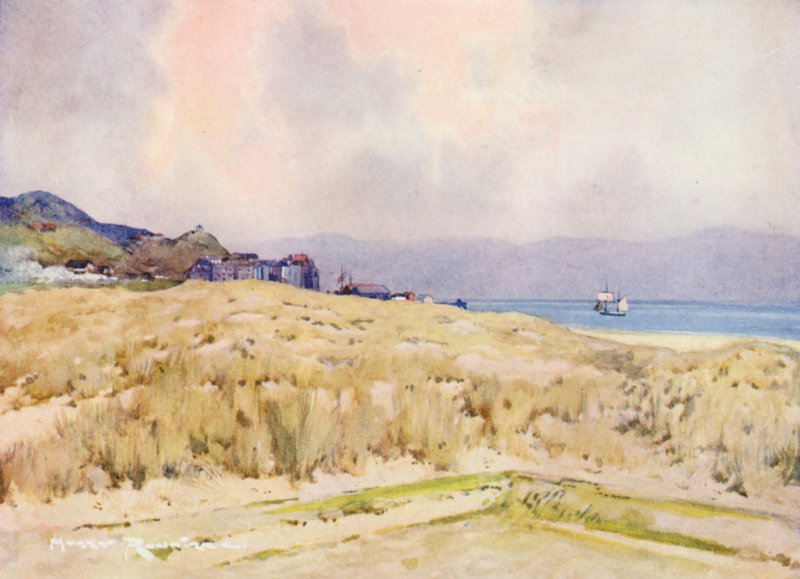 Campos de golfe: Aberdovey, a aldeia a partir do segundo tee (litografia a cores) de Harry (1878-1950) Rountree