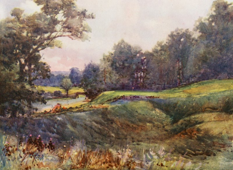 Campos de golfe: Cassiobury Park, o novo décimo oitavo buraco (litografia a cores) de Harry (1878 1950) Rountree