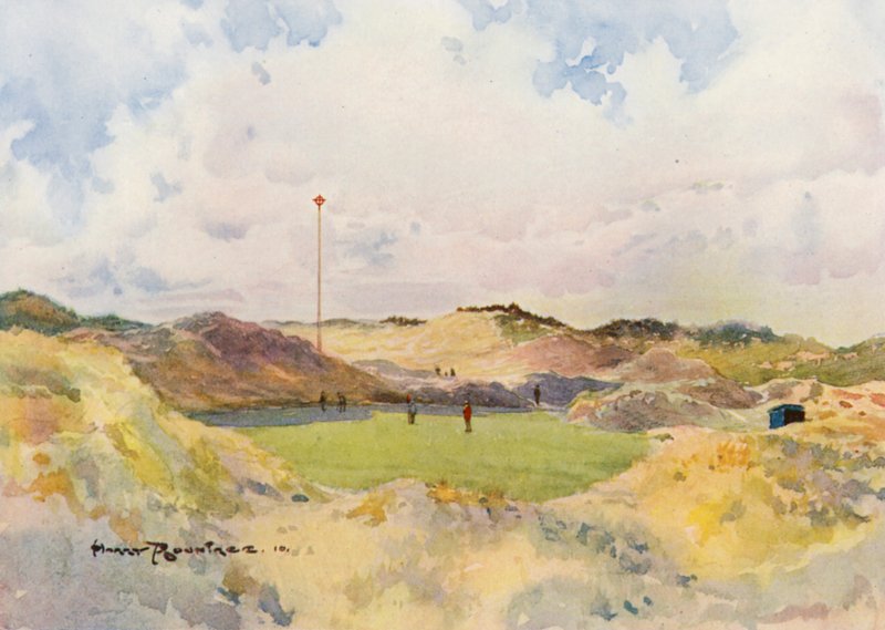 Campos de golfe: Formby, o antigo sétimo green (litografia a cores) de Harry (1878-1950) Rountree