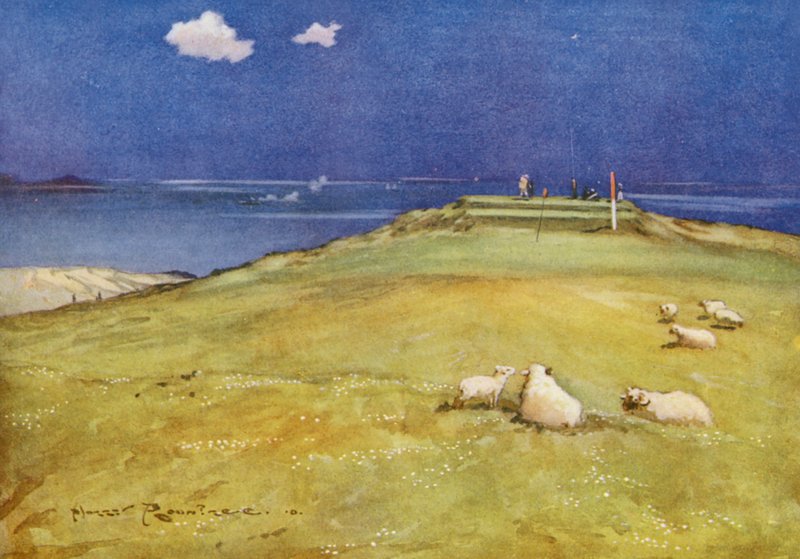 Campos de golfe: Gullane, o sexto green e o sétimo tee (litografia a cores) de Harry (1878 1950) Rountree